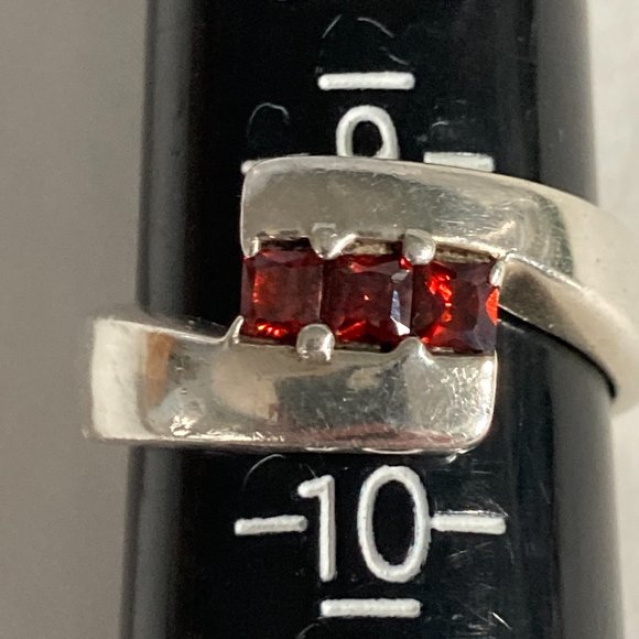 Unk Jewelry - 3 red glass gems in sterling silver by pass ring.